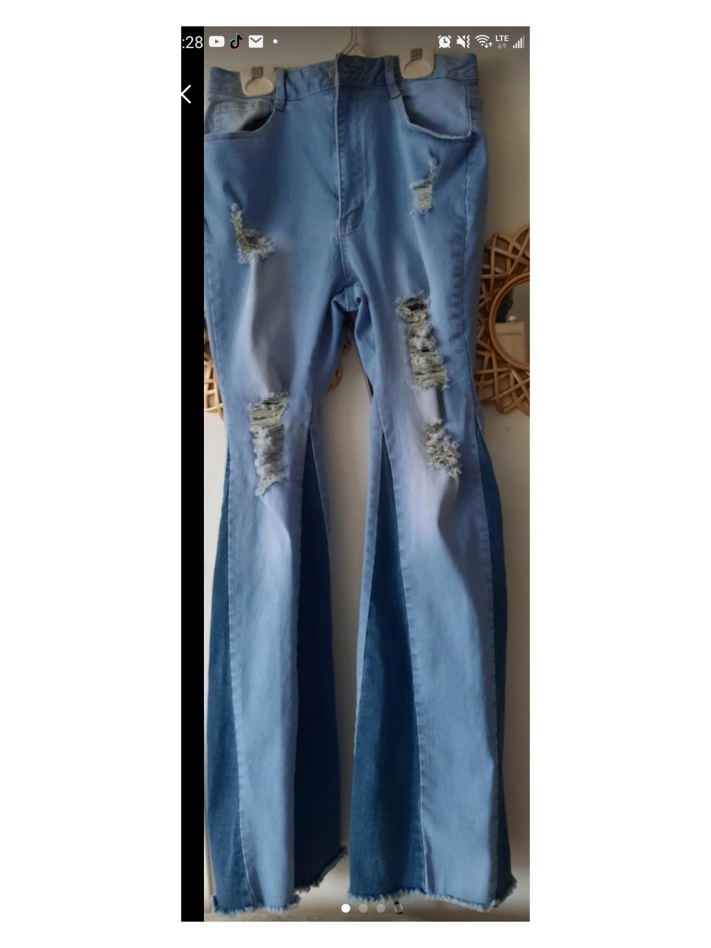 Two-Tone Distressed Flare Jeans - Light & Dark Blue